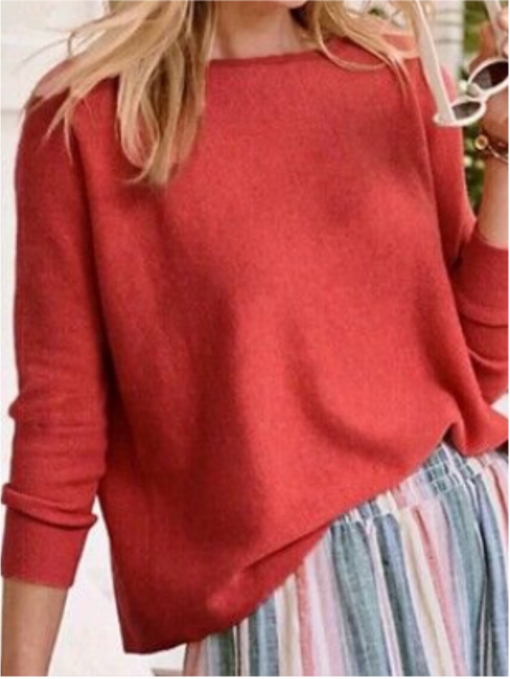 Garnet Hill 100% Cashmere Red Scoop Neck Long Sleeve Sweater, Holes, S